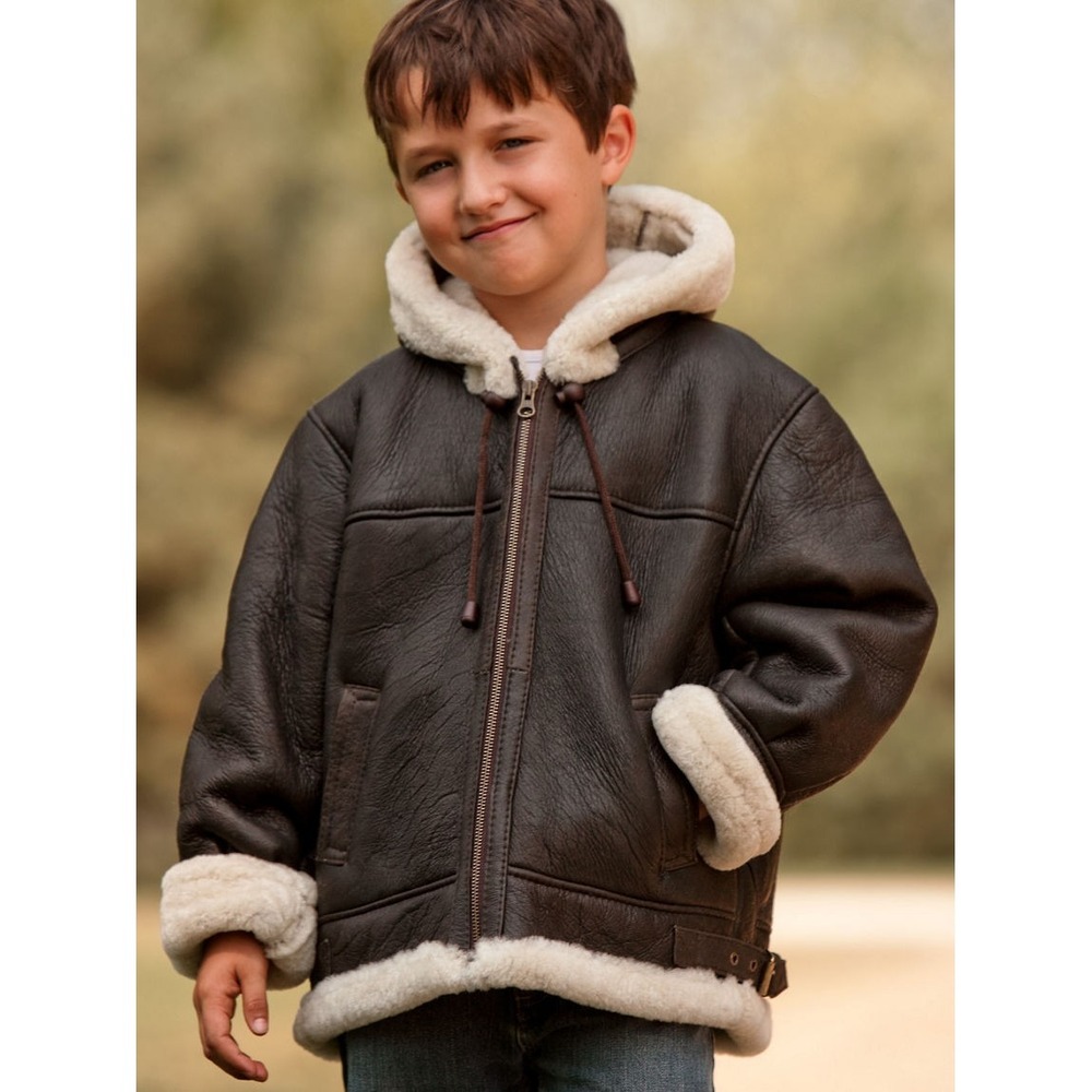 Overland Kids Sheepskin Shearling Leather Hooded Bomber Coat Jacket Sz 2 US 5/6
